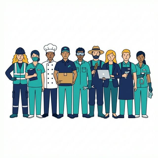 Diverse Australian workers — construction, healthcare, hospitality, logistics, and office professionals