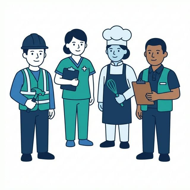 Diverse workers representing different industries — construction, healthcare, hospitality, and logistics
